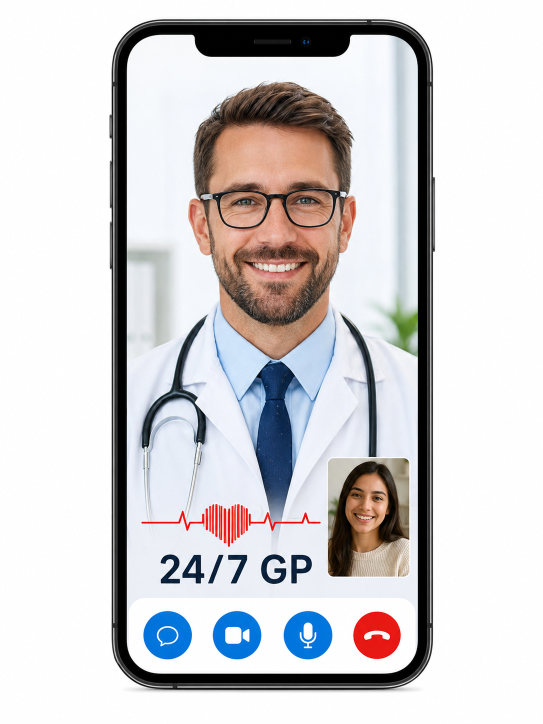 UK GP on a 24/7 video consultation shown on a mobile phone